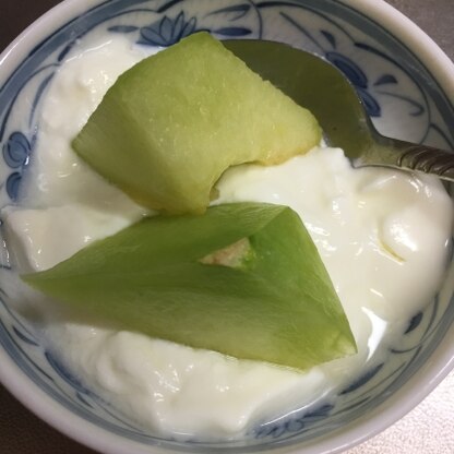 食後のデザートにいただきました♪メロンの甘みとヨーグルトの酸味が美味しいですね！ご馳走様でした。素敵なレシピありがとうございました(*^^*)